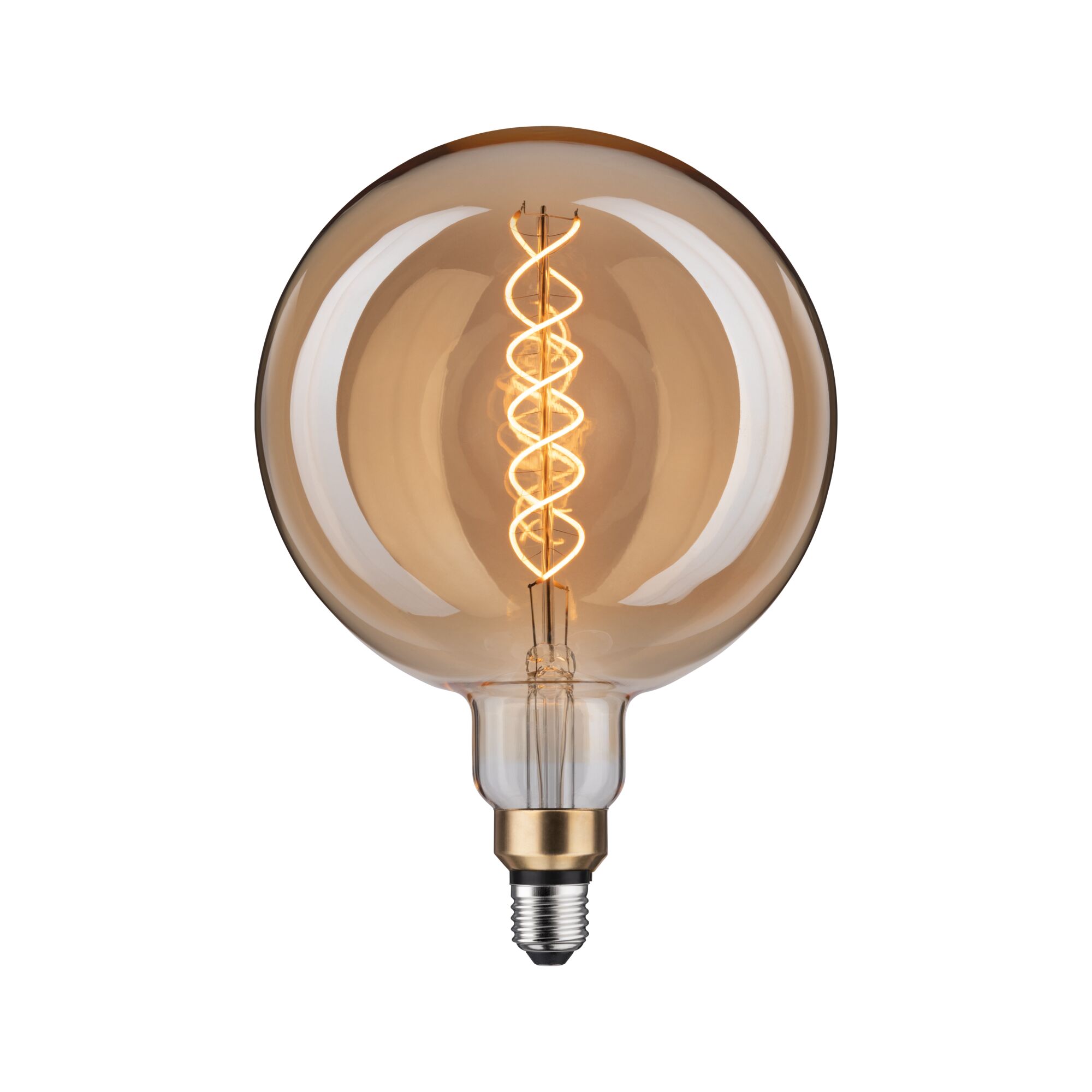 Large LED bulb with spiral filament in amber glass for decorative lighting and warm ambiance