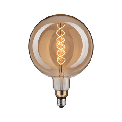 Large LED bulb with spiral filament in amber glass for decorative lighting and warm ambiance