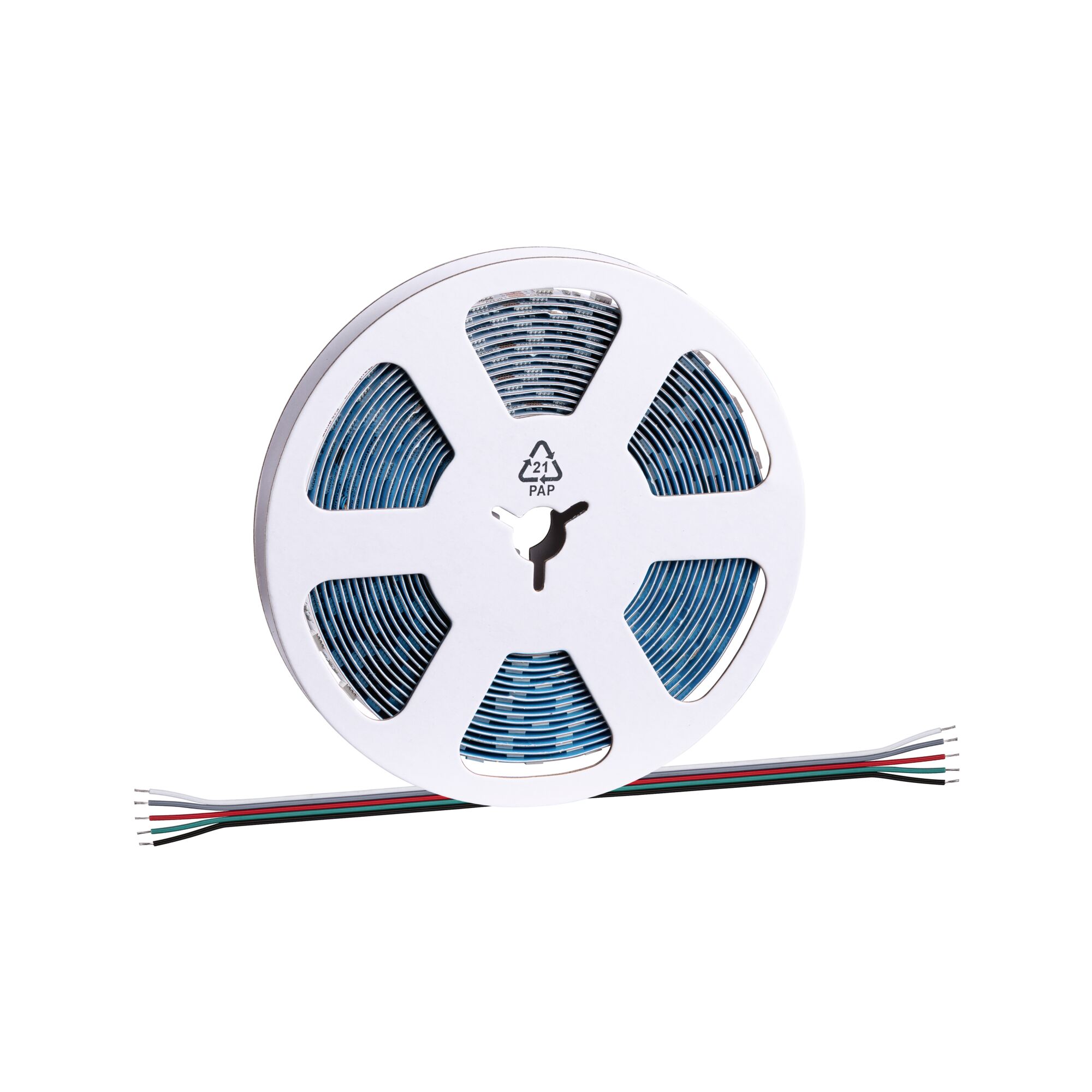 Rolle mit blauem LED-Streifenlicht und mehrfarbigen Anschlusskabeln für flexible Beleuchtungslösungen.