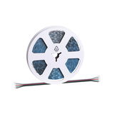 Roll of blue LED strip light with multicolored connector wires for versatile lighting applications.