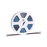 Roll of blue LED strip light with multicolored connector wires for versatile lighting applications.