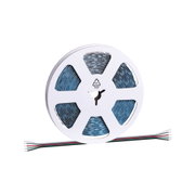 White plastic reel with blue LED strip and multicoloured wires for LED lighting installation