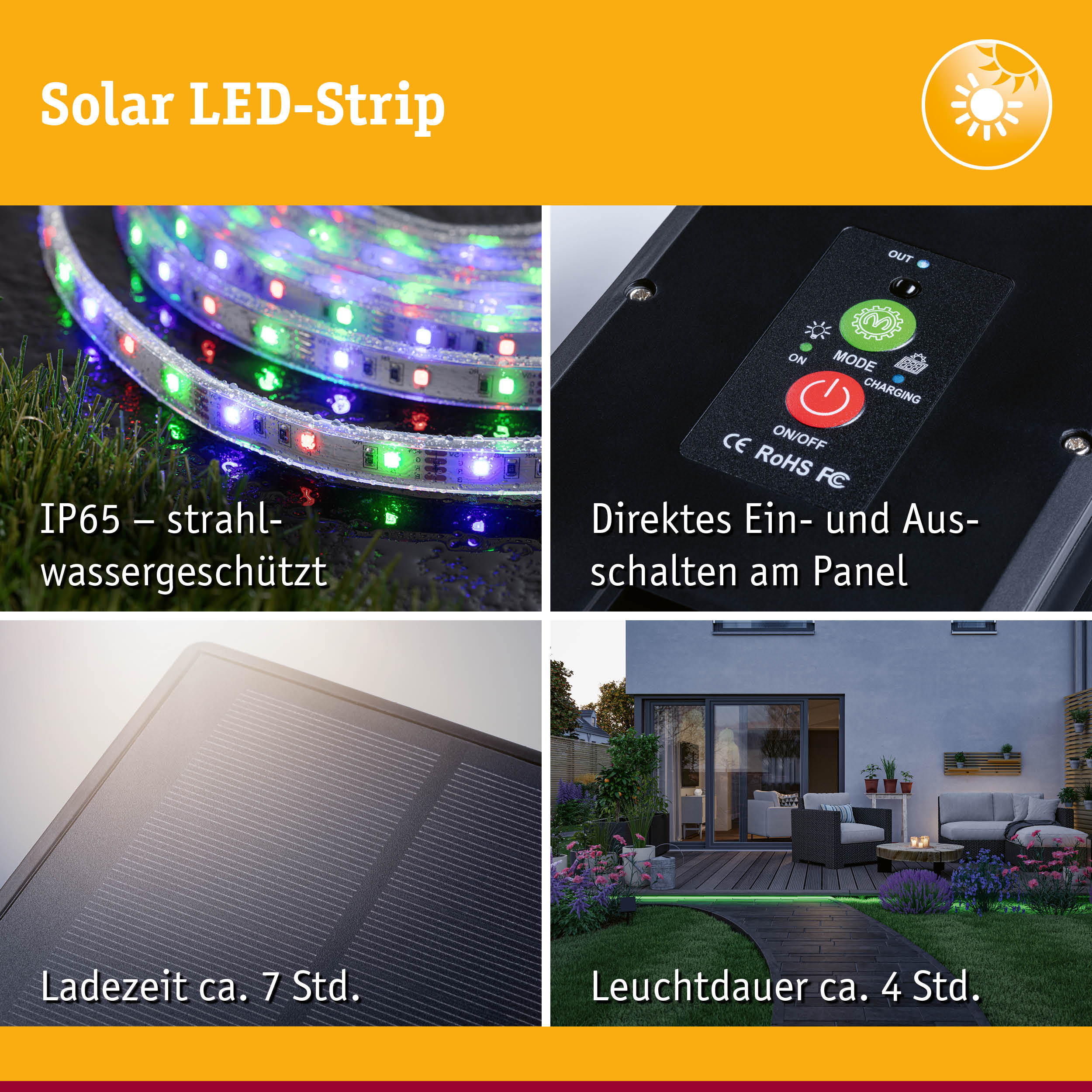Solar LED-Strip mit IP65 Schutz, Steuerpanel, Solarpanel, 7 Std Ladezeit, 4 Std Leuchtdauer für Gartenbeleuchtung