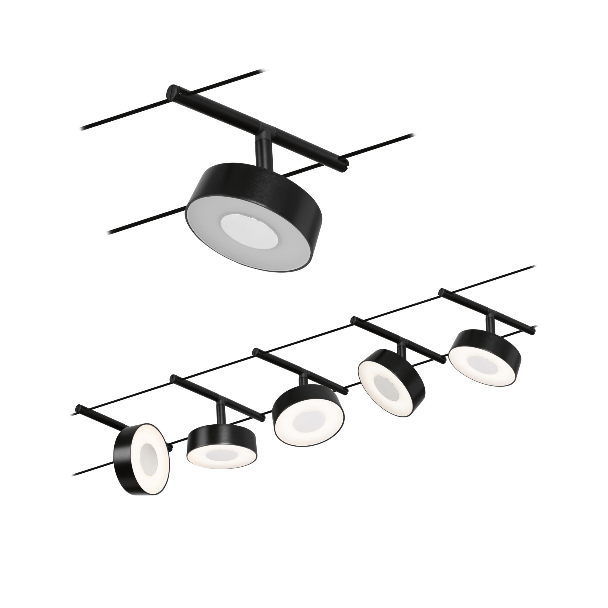 CorDuo LED-kabelsysteem Circle Basisset 5x180lm 5x5W 3000K 230/12V Zwart mat Zwarte LED-kabelspots met rond ontwerp en wit licht voor moderne kamerverlichting