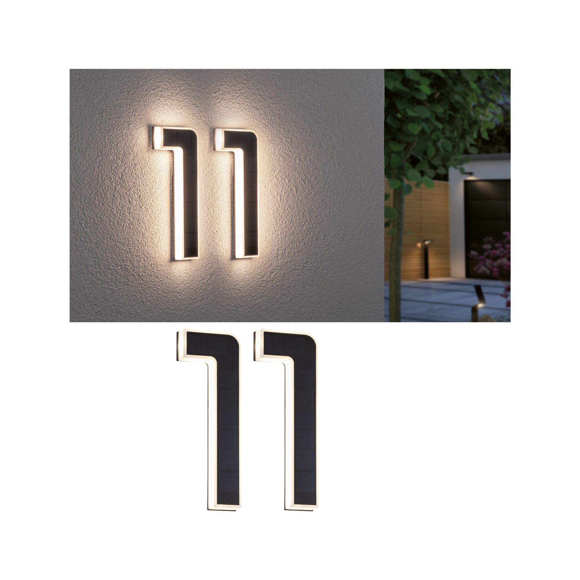 Zestaw Solar LED Oświetlenie numeru domu wraz z wymienną baterią Numer 11 3000K 2x6lm 2x0,2W Czarny Modern black LED wall lights pair with warm white light for outdoor and garden lighting