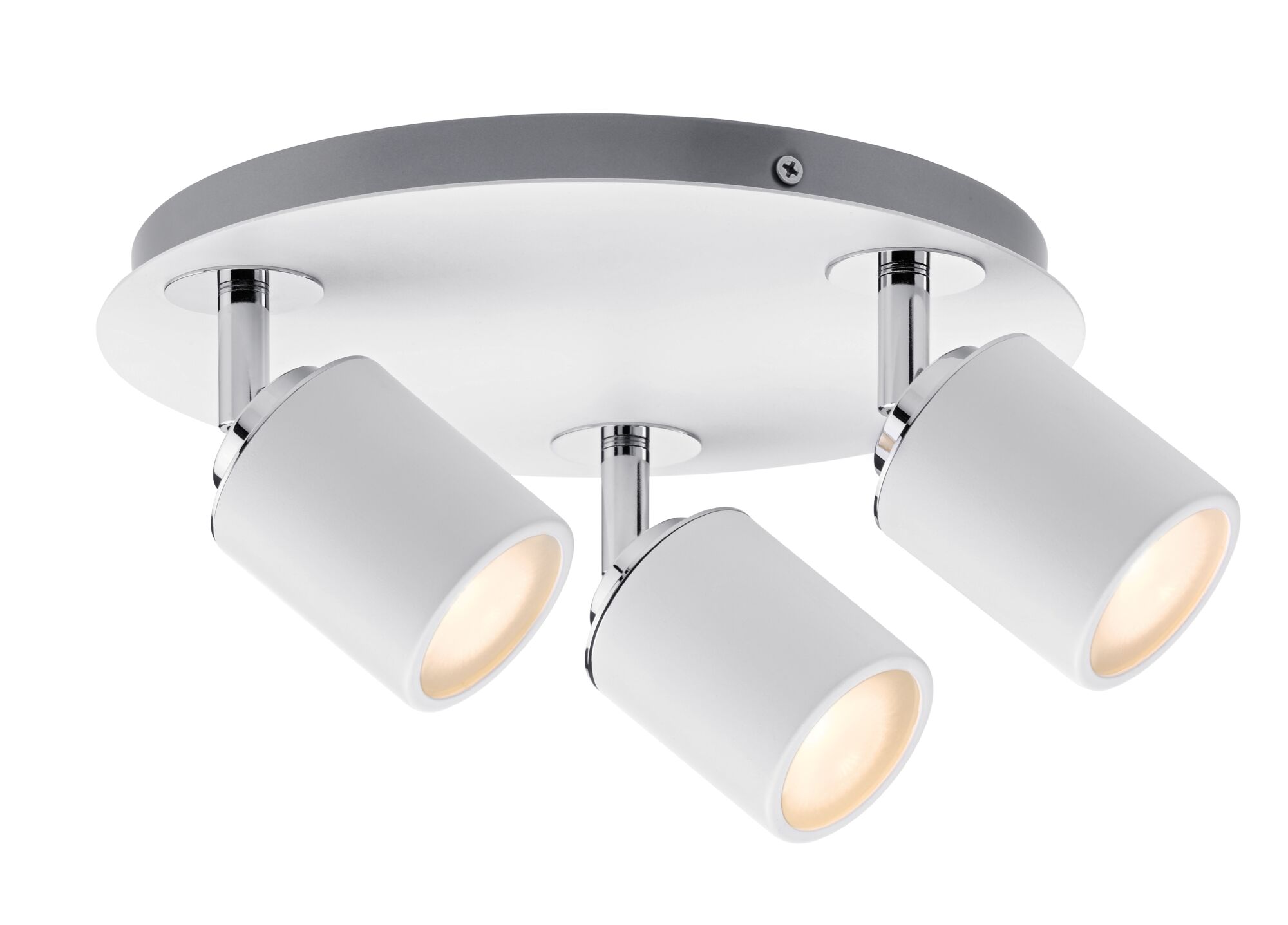Plafonnier rond avec trois spots en métal blanc et détails chromés pour pièces à vivre.