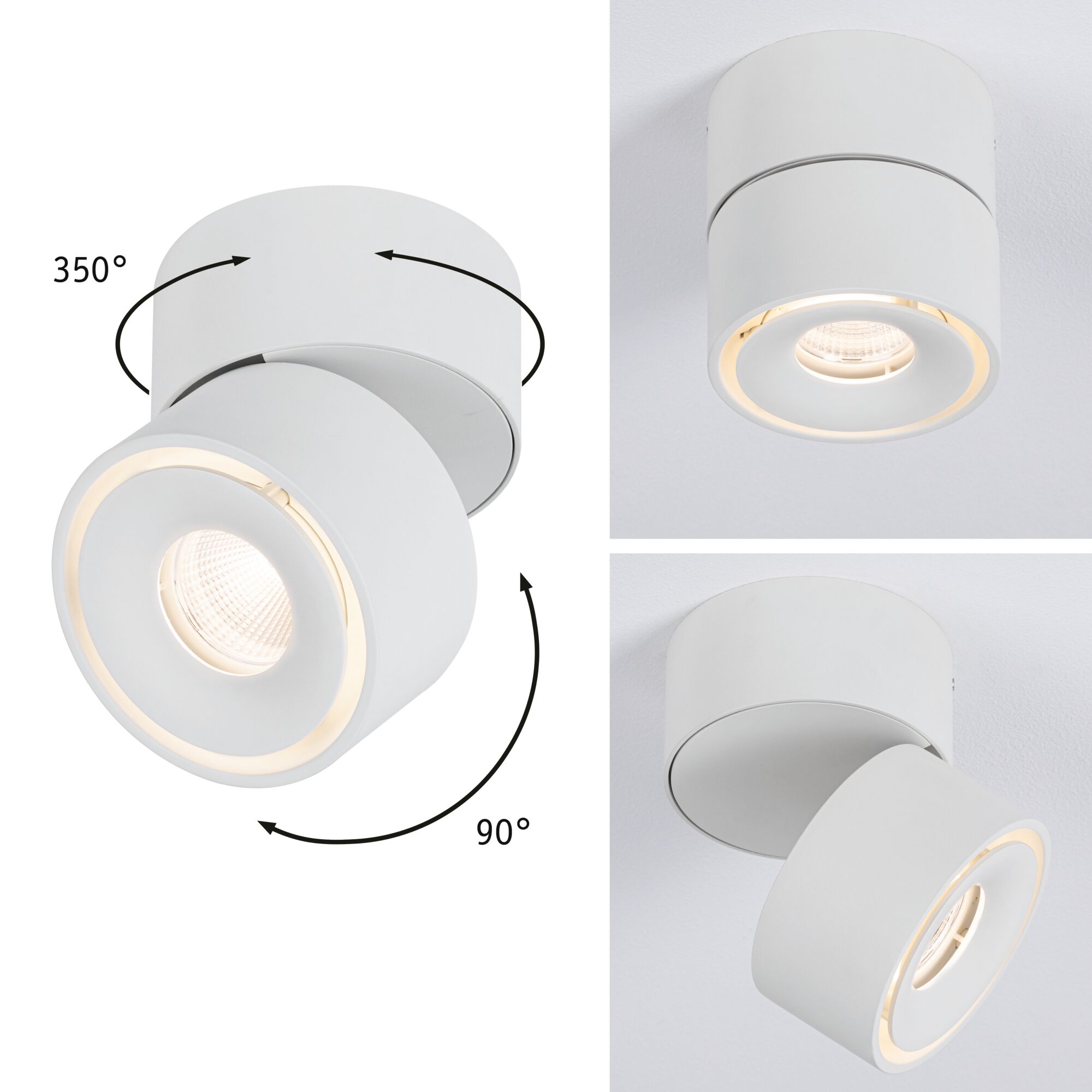 White metal LED ceiling spotlight with 350° rotatable head and 90° adjustable lamp for versatile lighting