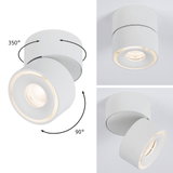 Weißer LED-Deckenstrahler aus Metall mit 350° drehbarem Kopf und 90° neigbarem Spot für flexible Beleuchtung