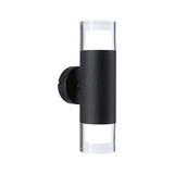 Modern black aluminum wall light with clear glass and LED lighting for outdoor use