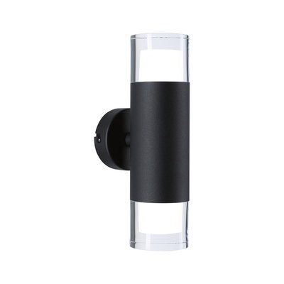 Modern black aluminum wall light with clear glass and LED lighting for outdoor use
