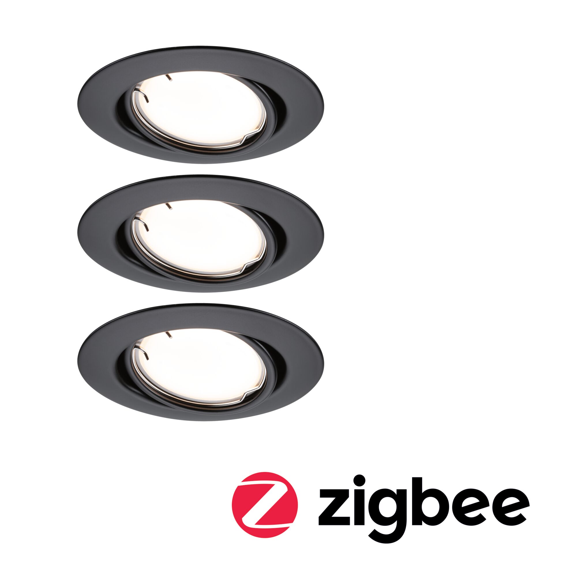 Drie zwarte LED-inbouwspots met verstelbare kop en Zigbee slimme verlichtingsfunctie