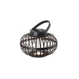 Black metal solar lantern with handle and bulb, decorative outdoor solar lighting