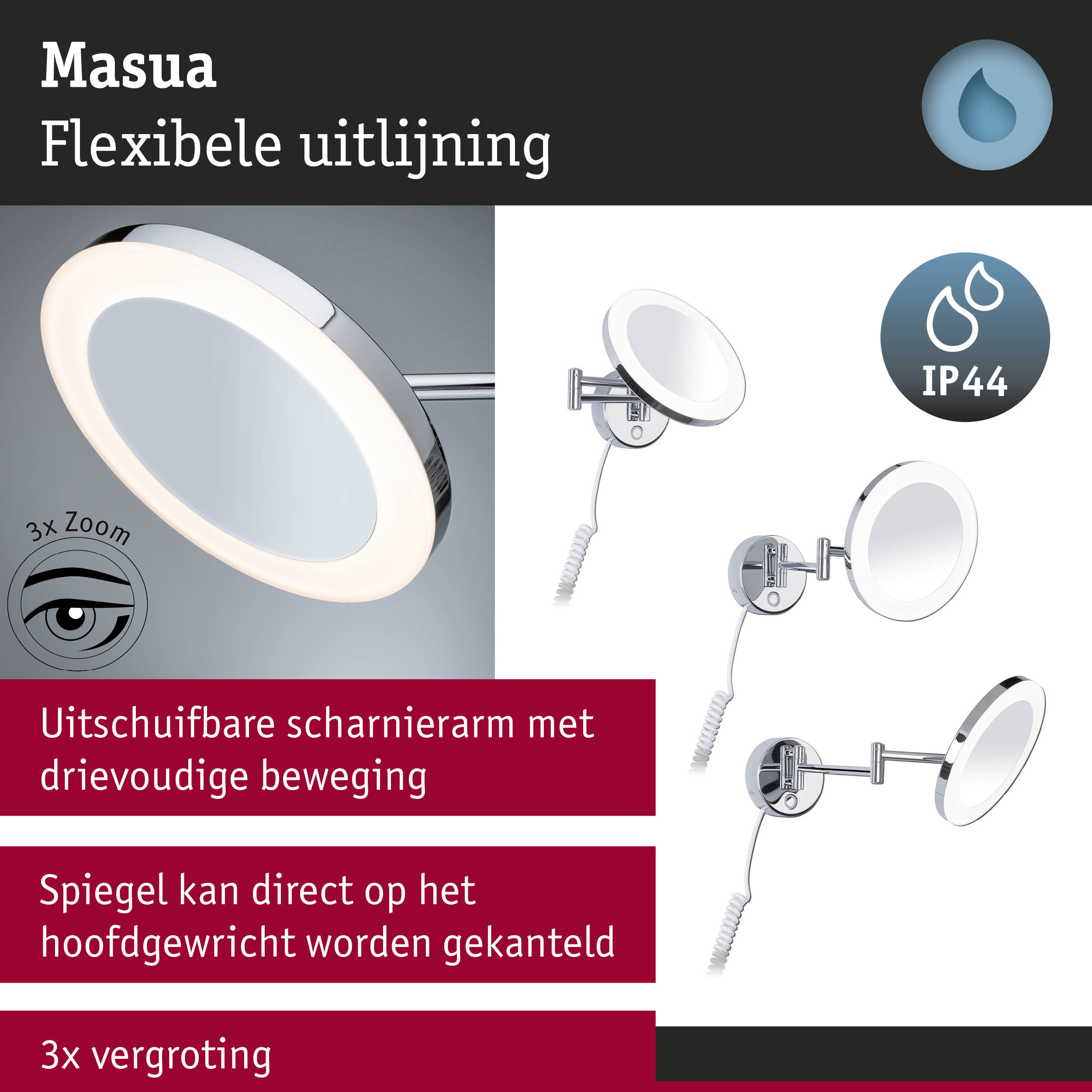 Flexibele wandspiegel Masua met LED-ring, chroom materiaal en 3x vergroting voor badkamerverlichting