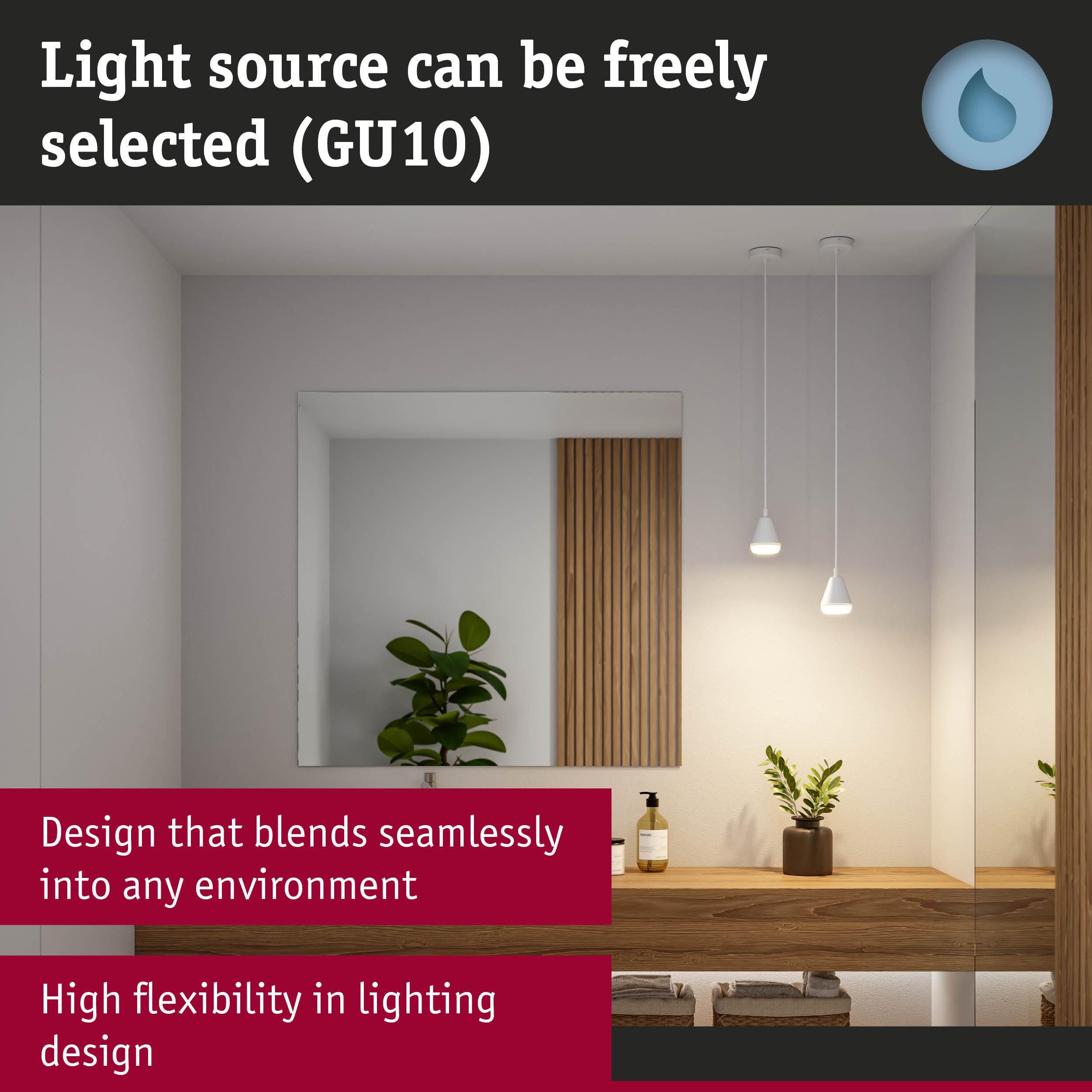 Modern bathroom with white pendant lights and wooden vanity for flexible lighting design