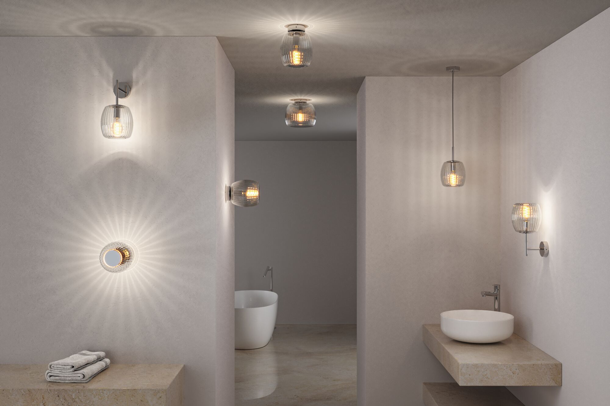 Modern transparent glass wall and ceiling lights with warm illumination in a minimalist bathroom.