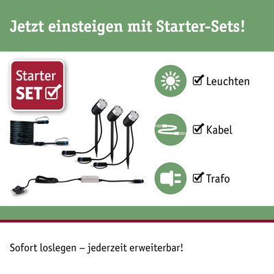 Starter-Set mit drei schwarzen LED-Gartenleuchten, Kabel und Trafo für einfache Außenbeleuchtung.