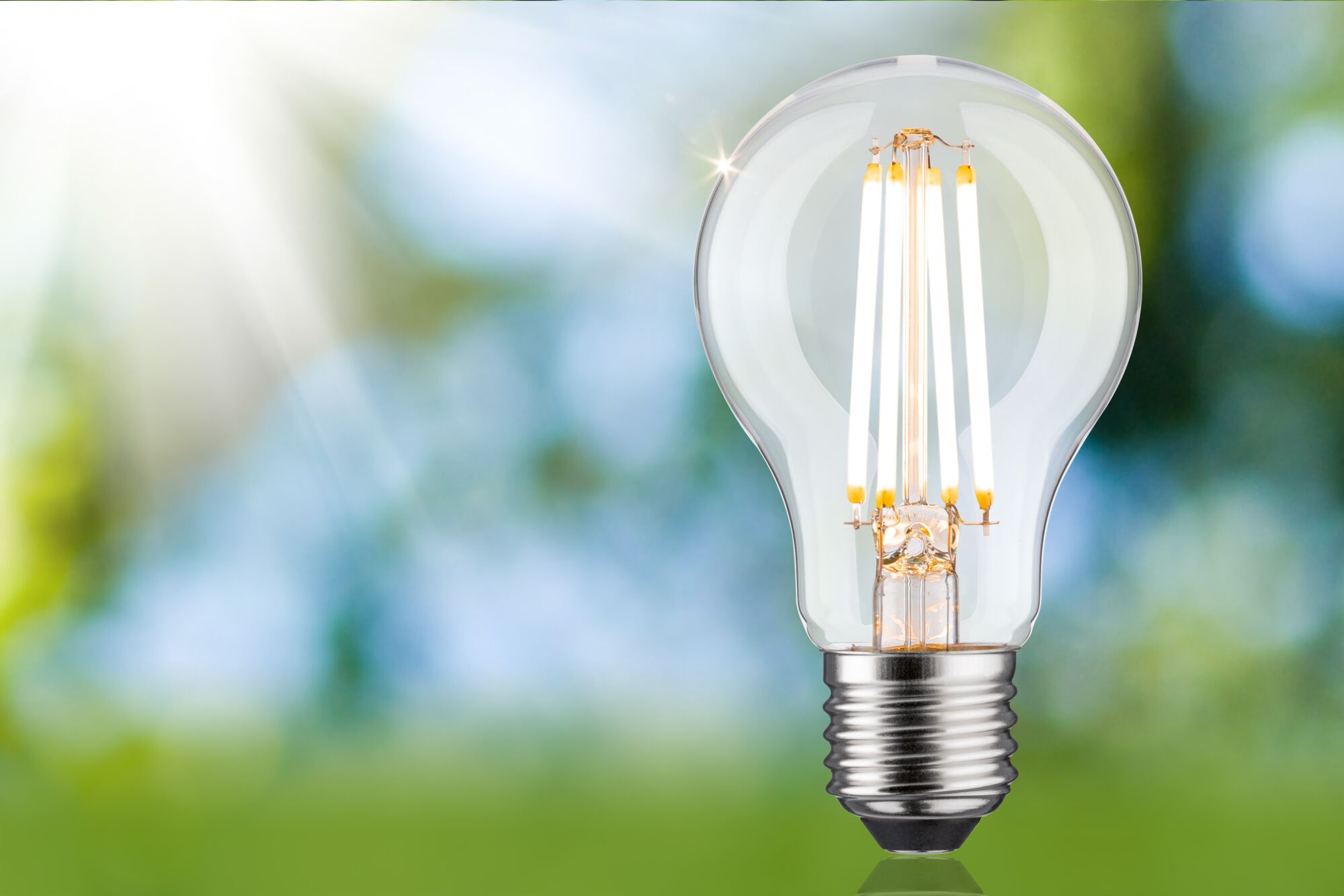 Classic LED light bulb with clear glass and silver base against green-blue blurred background