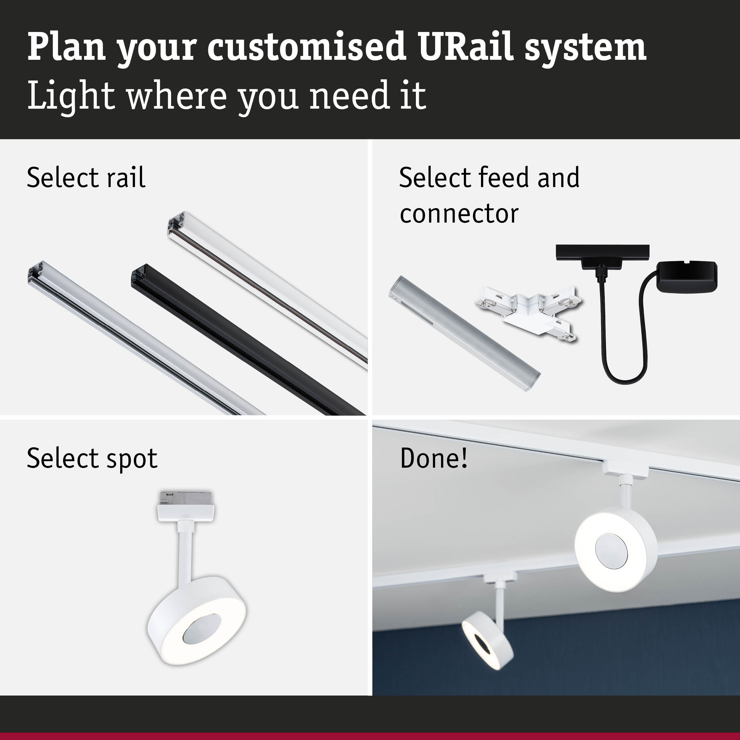 Modular URail rail system with black and white aluminium rails for flexible LED lighting setup.