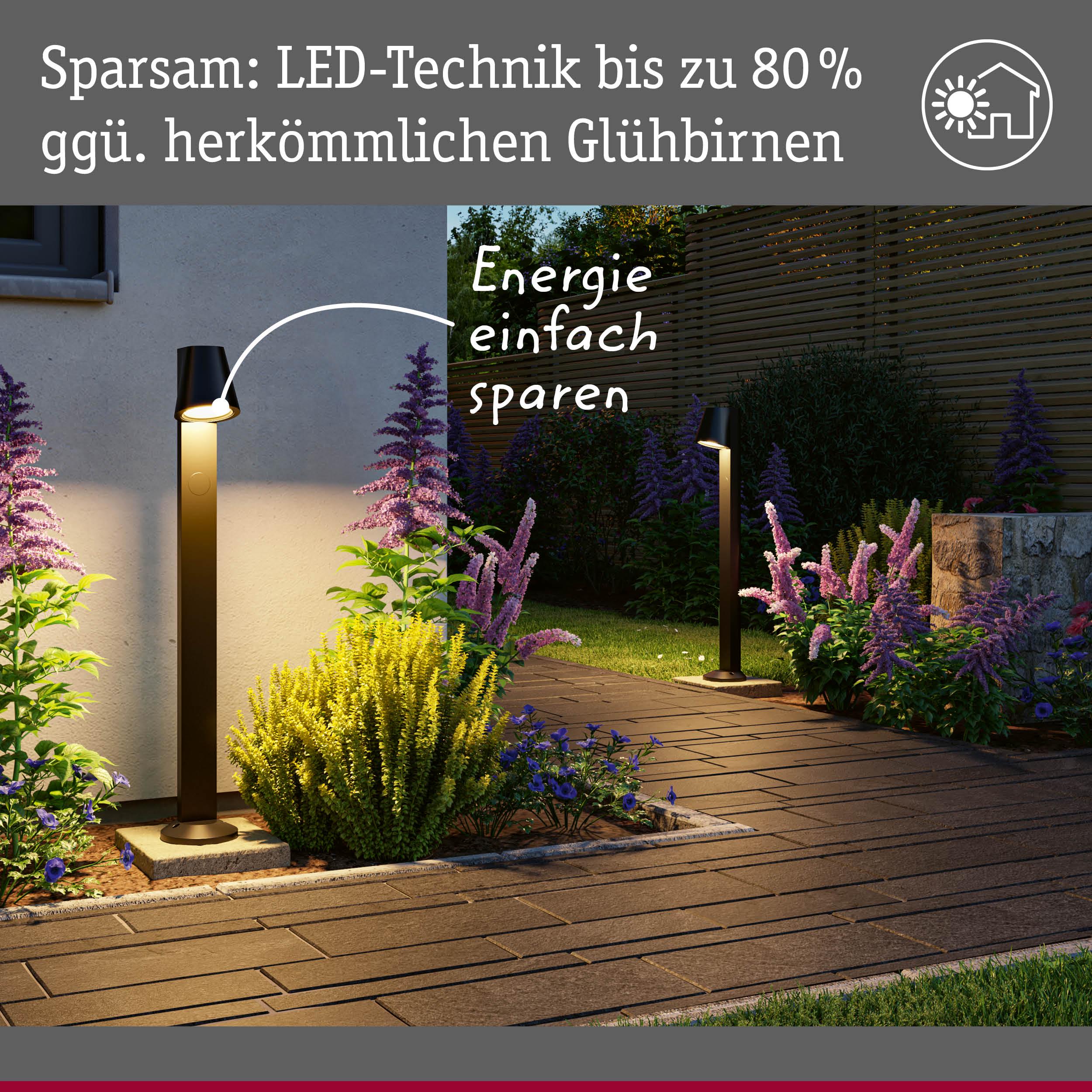 Moderne schwarze LED-Außenleuchten im Garten mit energiesparender Beleuchtung und Wegbeleuchtung