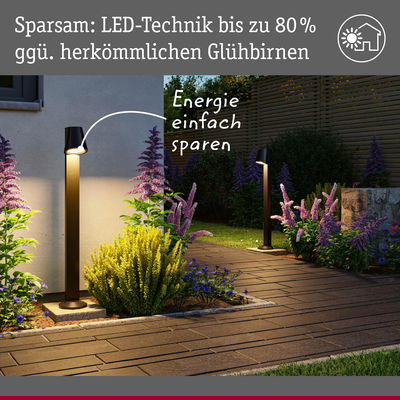 Moderne schwarze LED-Außenleuchten im Garten mit energiesparender Beleuchtung und Wegbeleuchtung