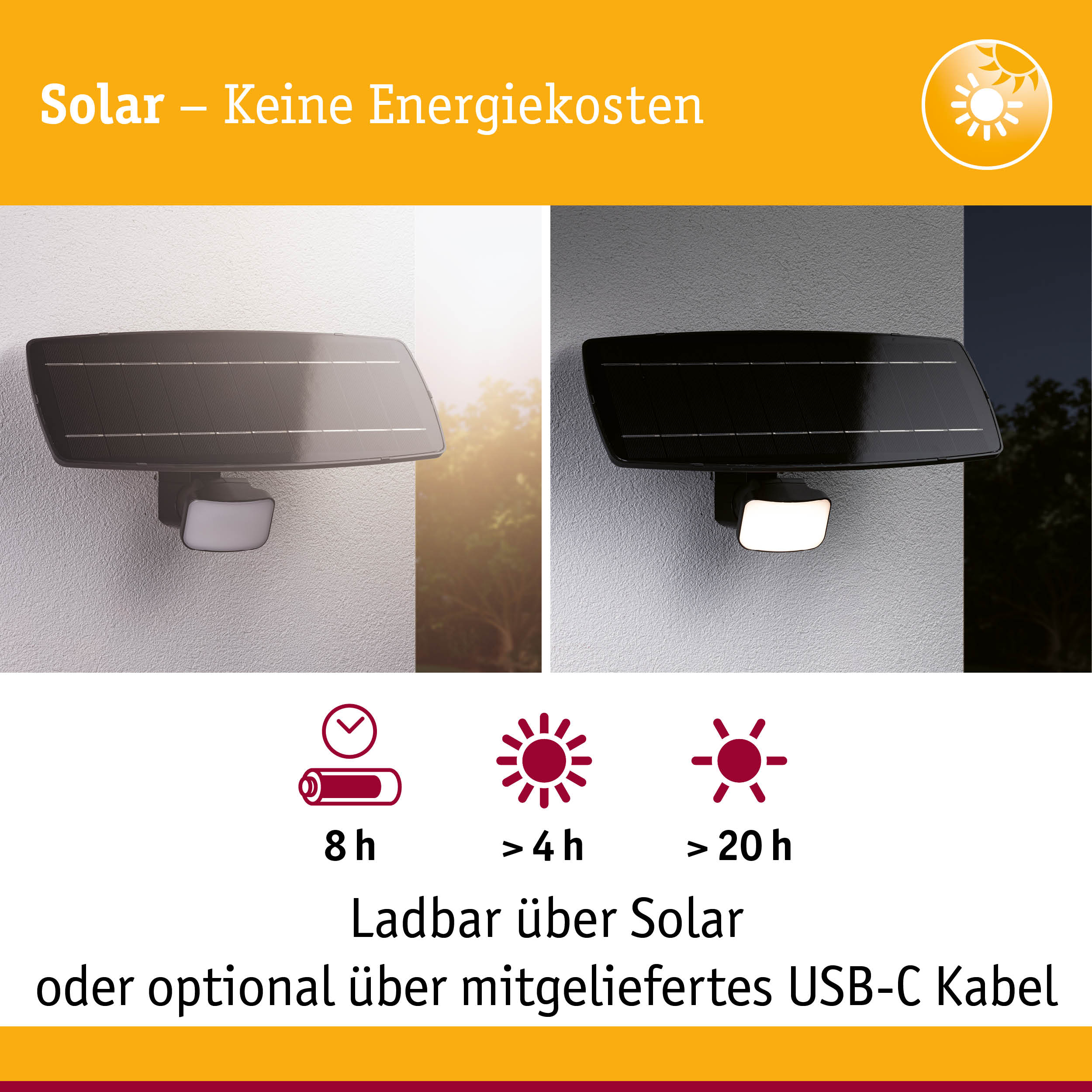 Schwarze Solarleuchte mit Bewegungsmelder an weißer Wand, Tag- und Nachtansicht, energiesparende Außenbeleuchtung