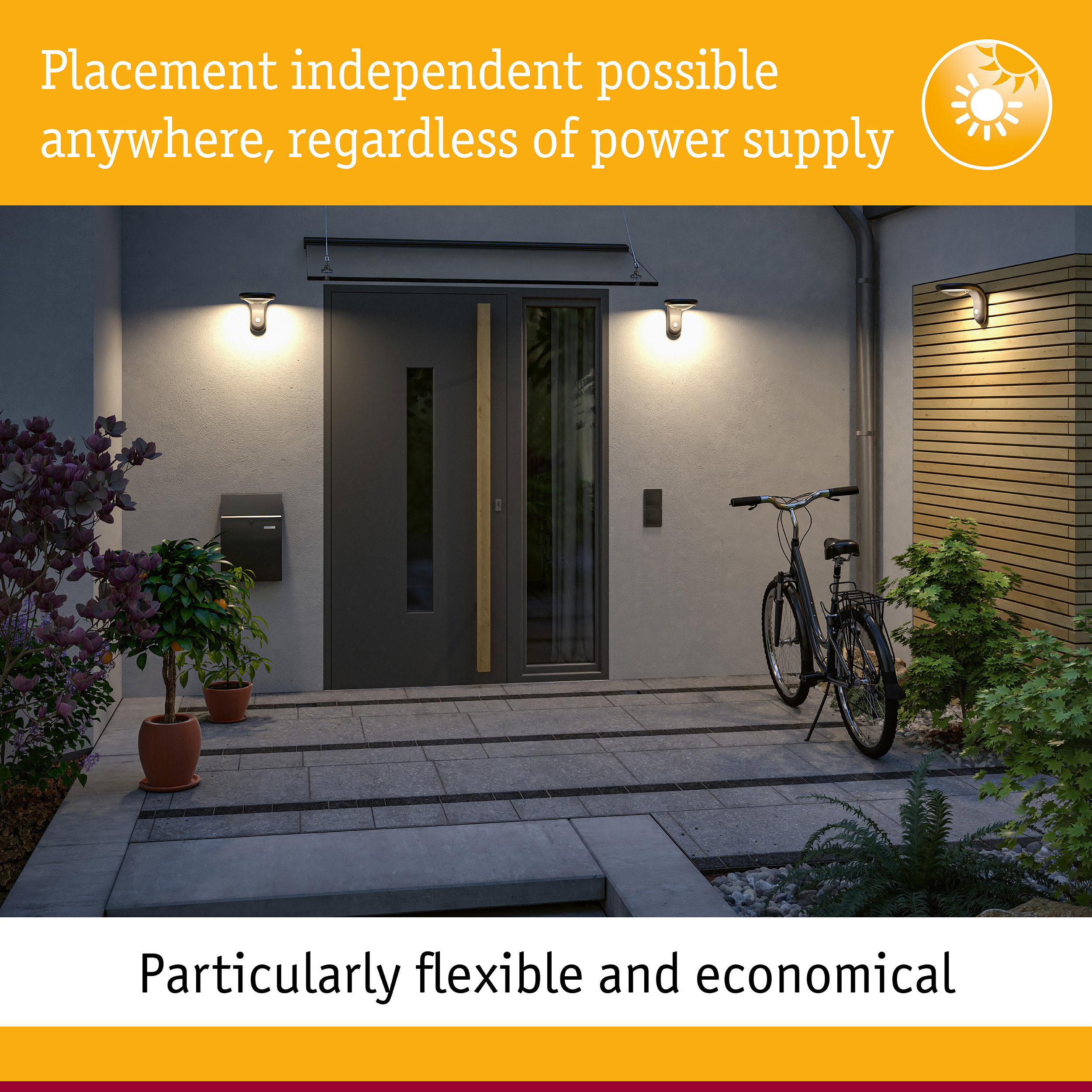 Modern black outdoor wall lights illuminating entrance with door and bicycle at night