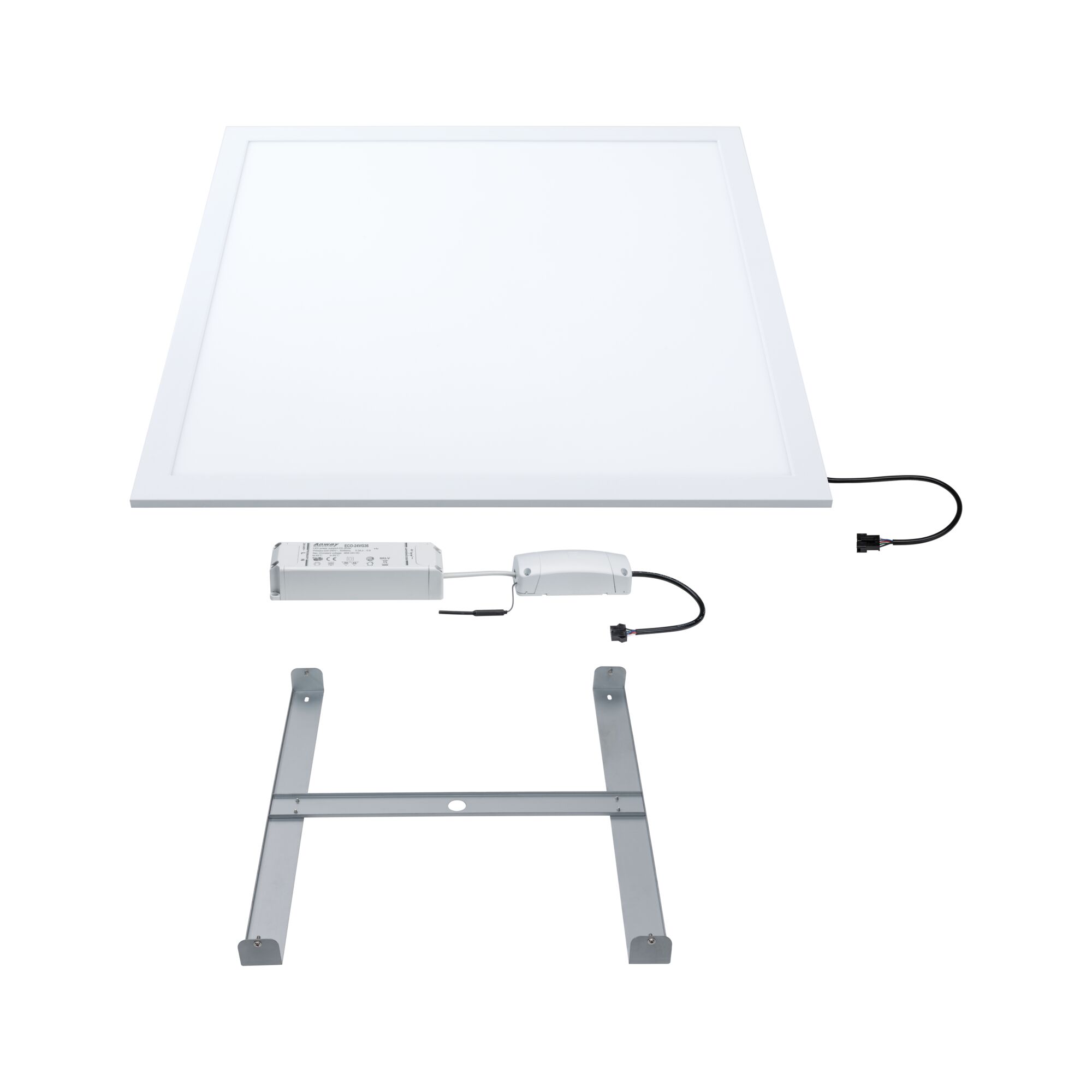 White LED panel with metal bracket and driver for energy-efficient ceiling lighting