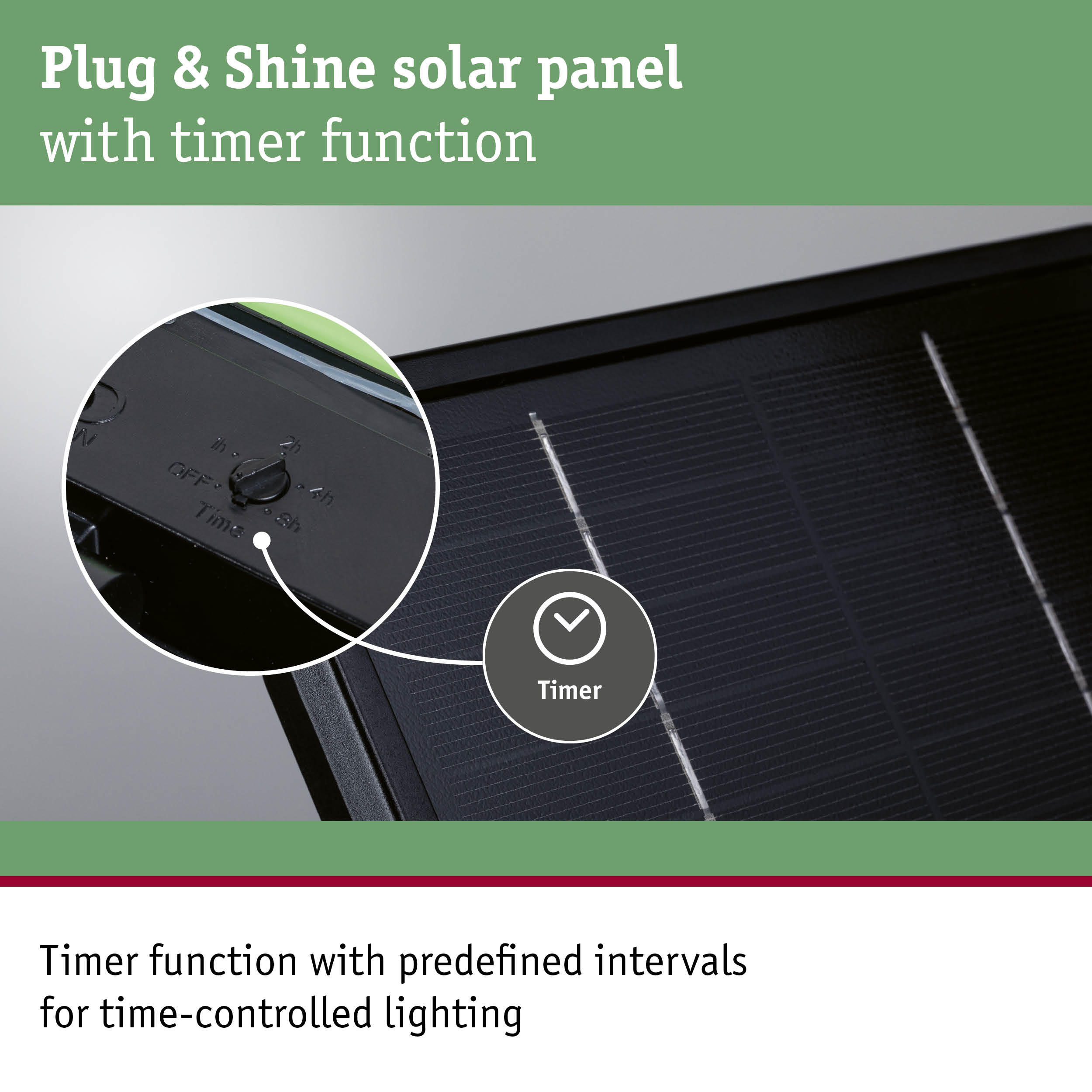Black Plug & Shine solar panel with timer function for time-controlled outdoor lighting