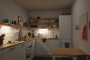 Moderne Küche mit weißen Schränken, Holzarbeitsplatten und warmweißer LED-Unterbauleuchte für Arbeitsflächenbeleuchtung.