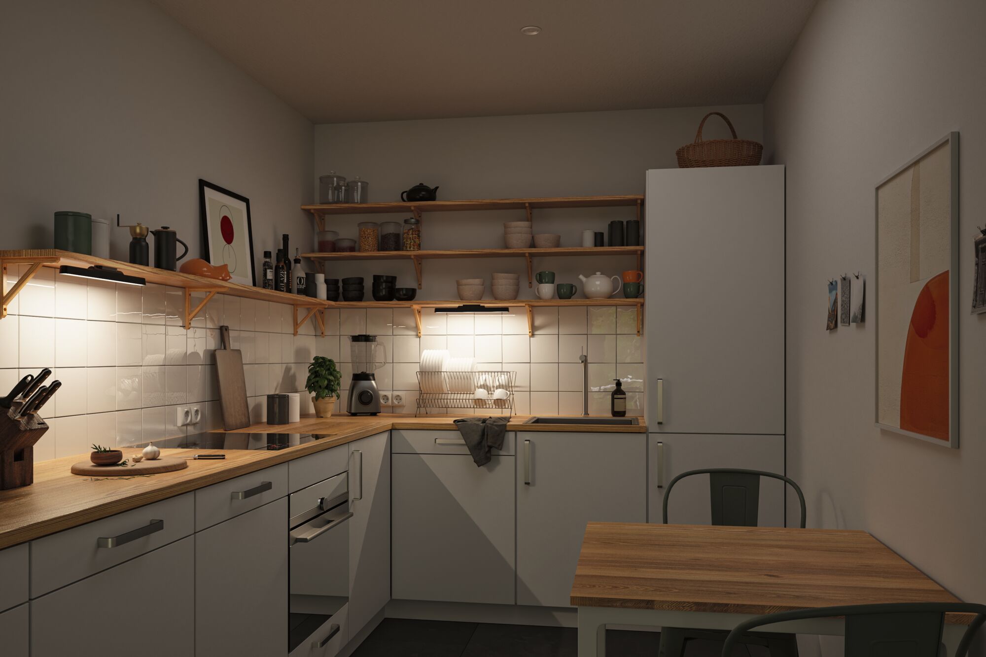 Moderne Küche mit weißen Schränken, Holzarbeitsplatten und warmweißer LED-Unterbauleuchte für Arbeitsflächenbeleuchtung.