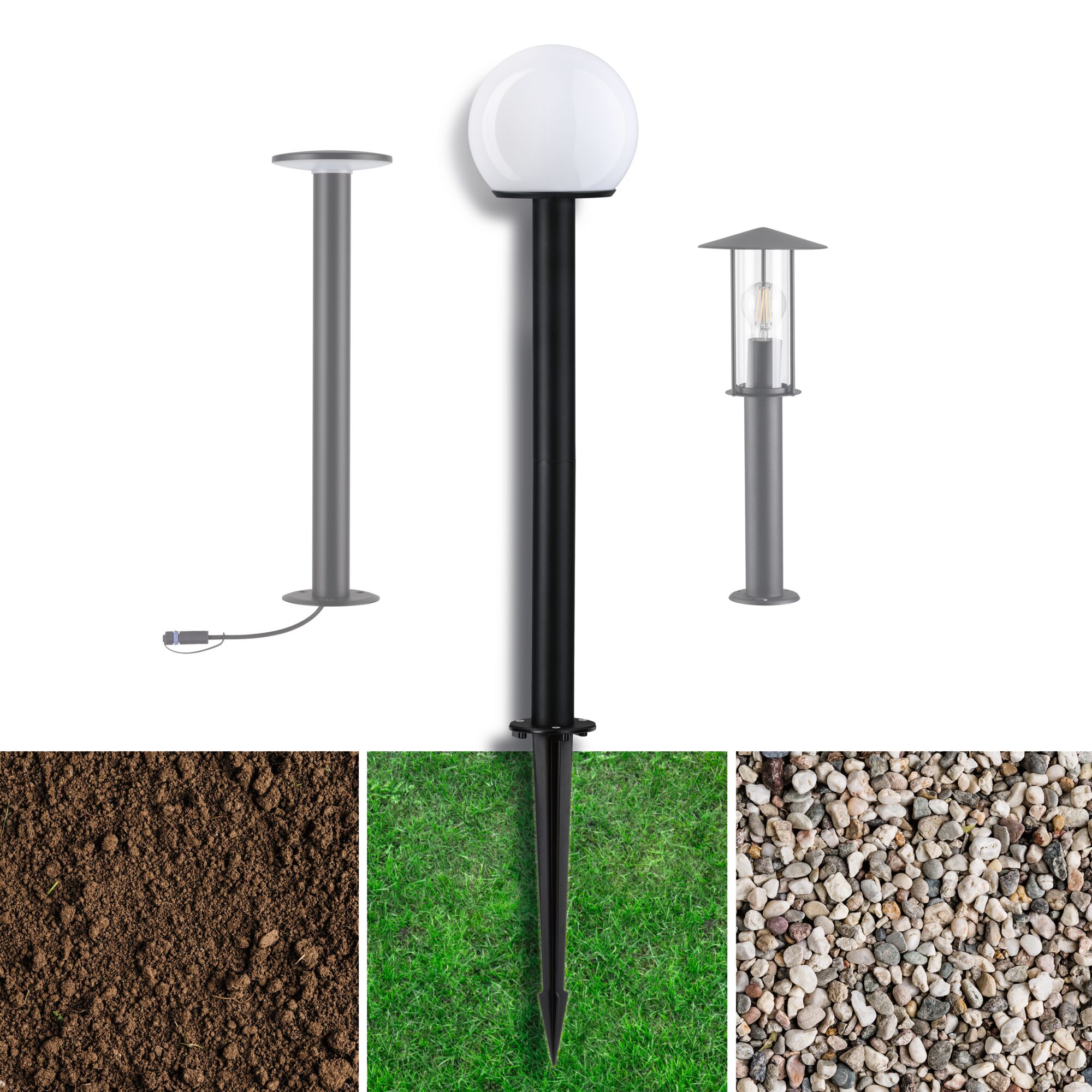 Three modern outdoor metal lamps in black and grey with different designs for garden and terrace lighting
