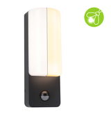 Modern outdoor wall light with black metal body and white glass, featuring motion sensor.