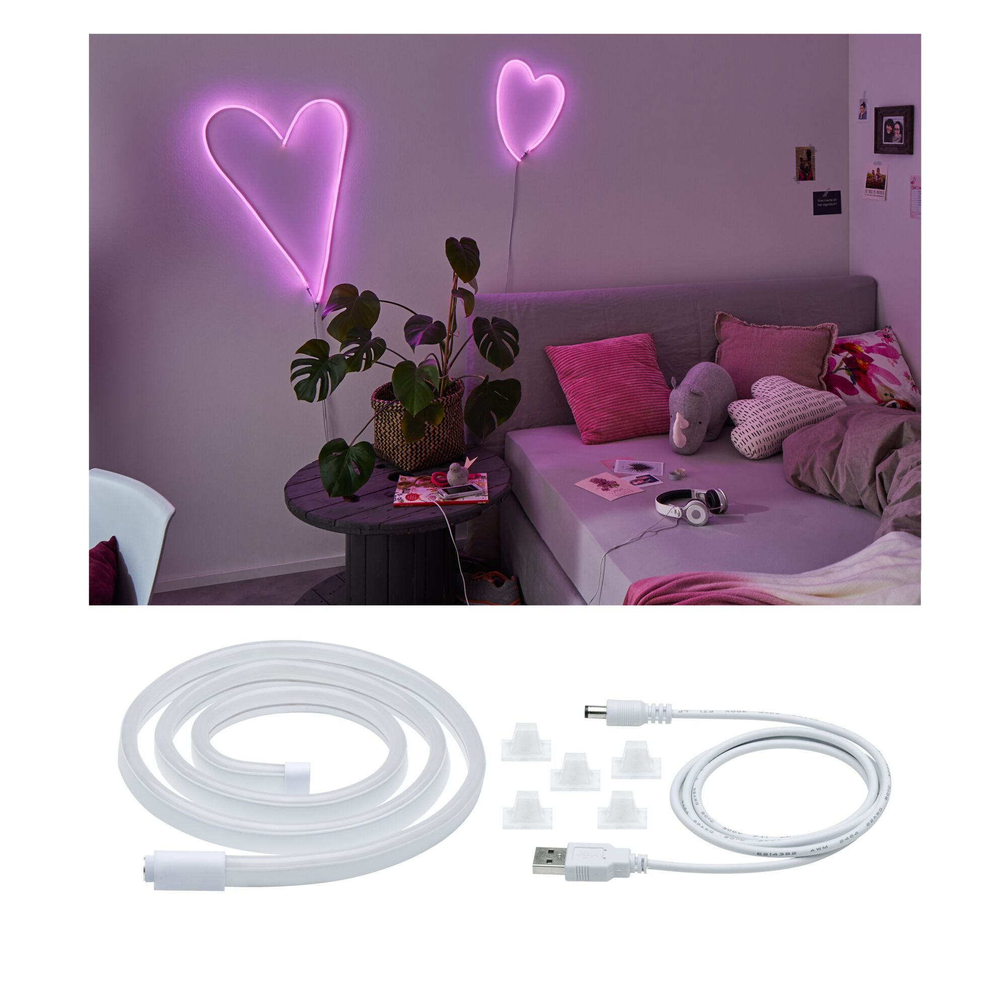 Flexibles weißes LED-Neonlicht mit USB-Kabel und Halterungen für dekorative Raumbeleuchtung.