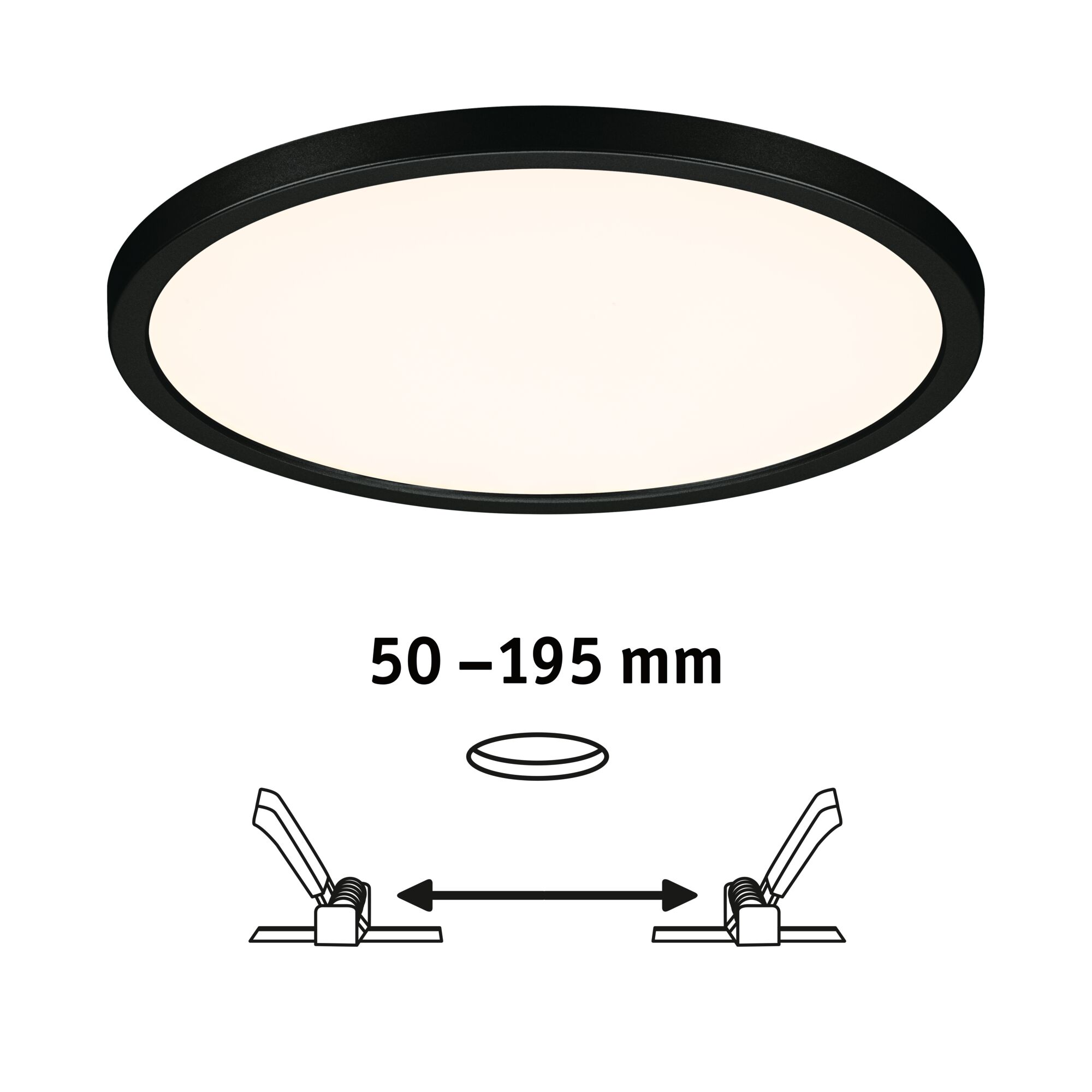Round LED ceiling light with black frame and adjustable installation size 50-195 mm for living spaces