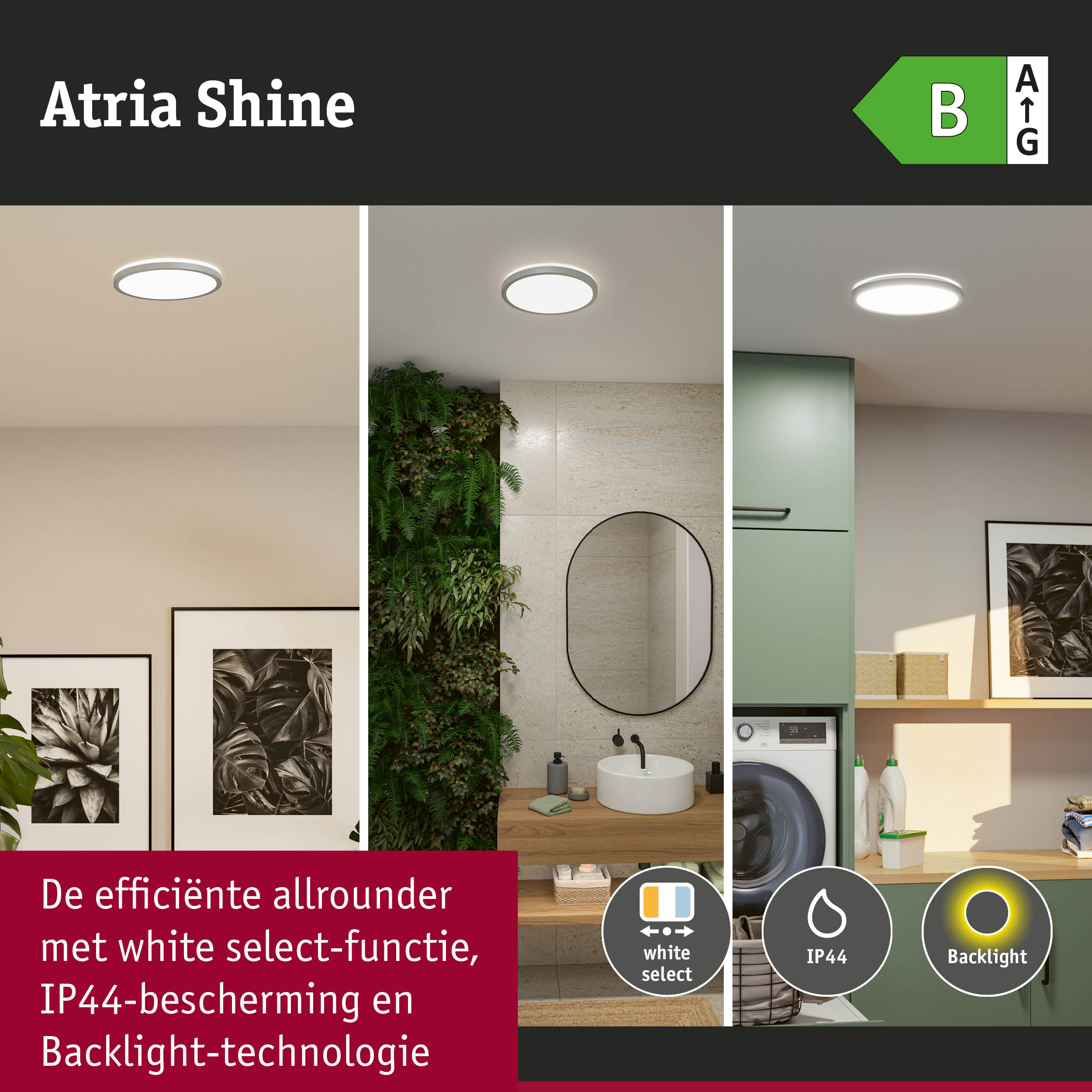 Atria Shine LED-plafondlamp met white select-functie, IP44-bescherming en backlight-technologie