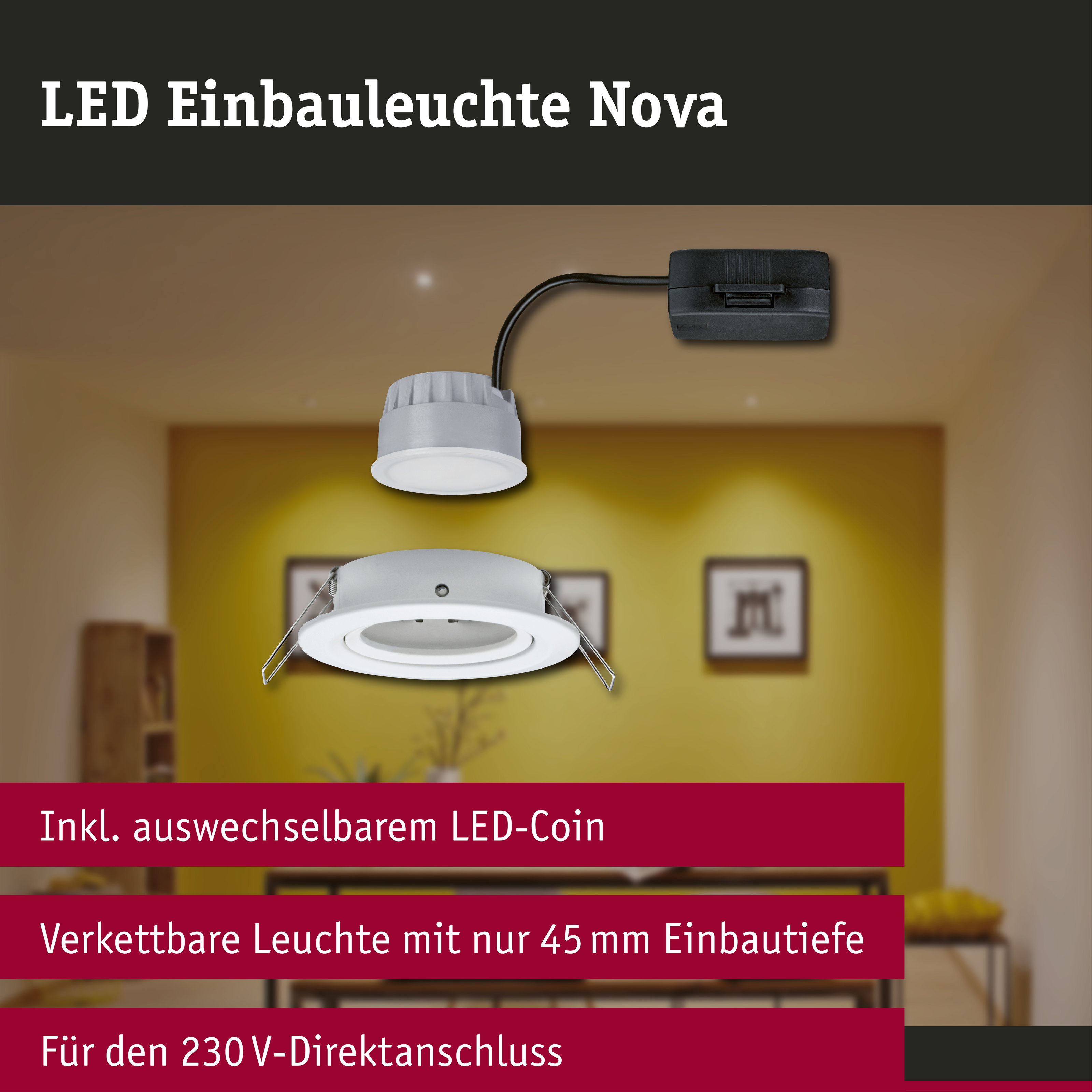 LED Einbauleuchte 3-Step-Dim Nova Coin 3-Step-Dim schwenkbar rund 84mm 50° Coin 6W 470lm 230V dimmbar 2700K Weiß matt