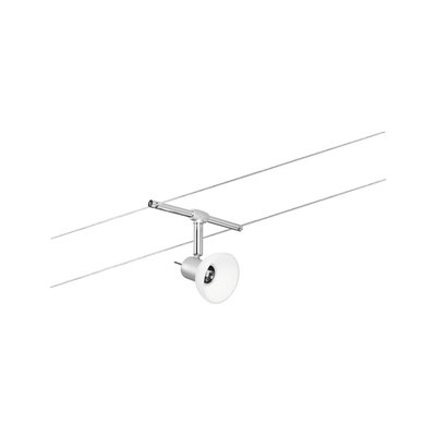 Modern cable spotlight with white glass and silver metal for flexible room lighting solutions.