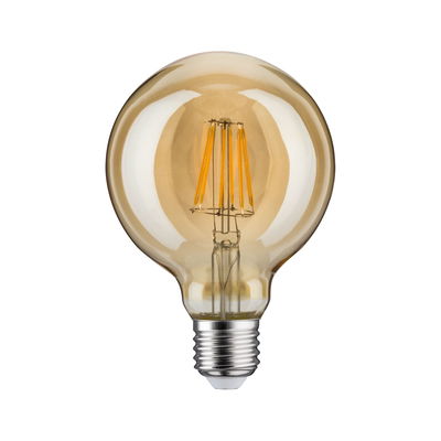 Round LED bulb with amber glass and visible filaments for decorative lighting and warm ambiance