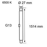 Technische Zeichnung eines G13 Leuchtstoffröhren-Typs mit 1514 mm Länge und 6500 K Lichtfarbe.