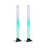 Two modern LED light bars with blue-green gradient on black triangular base for ambient lighting