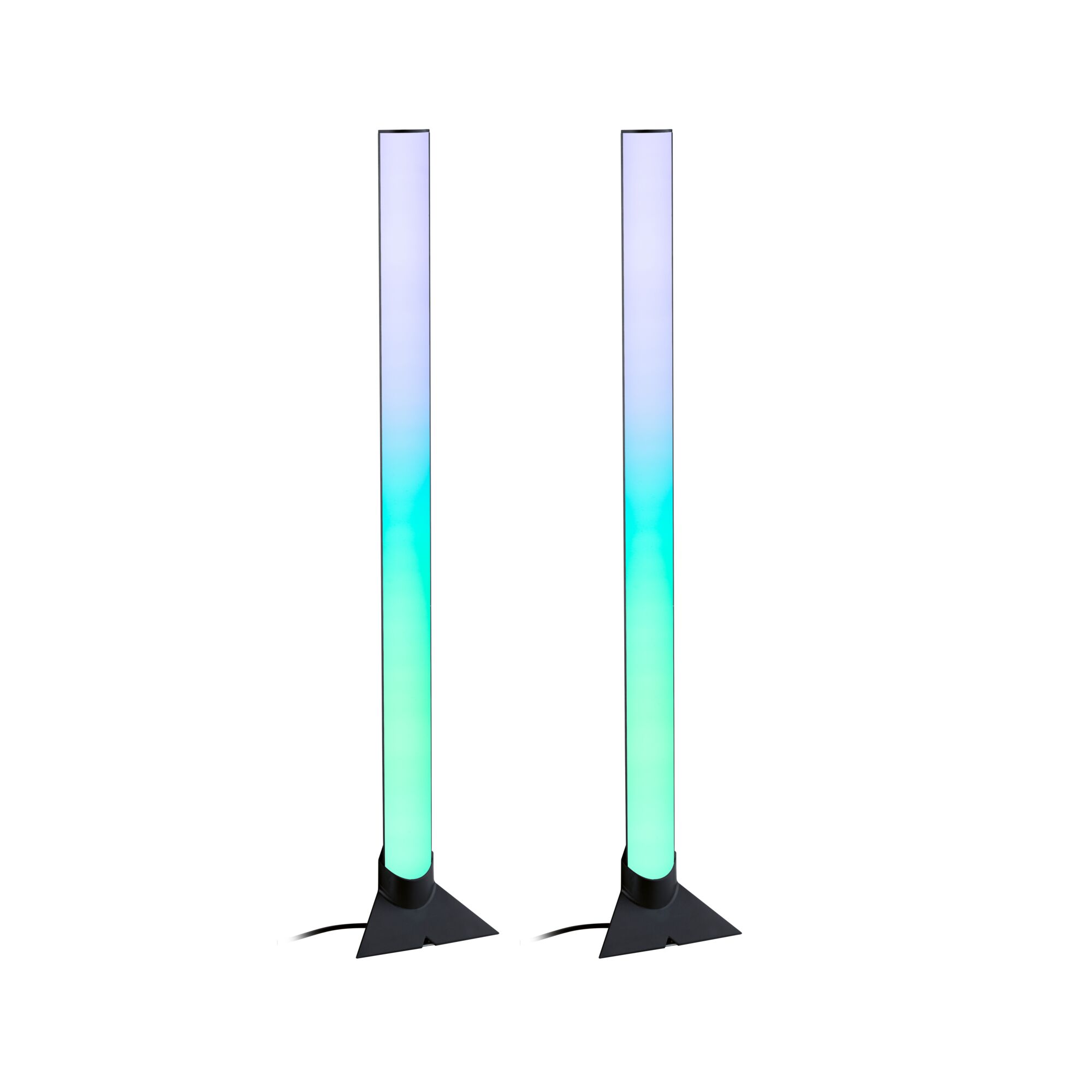 Zwei moderne LED-Lichtstäbe mit Farbverlauf in Blau und Grün auf schwarzer Dreiecksbasis für Ambientebeleuchtung