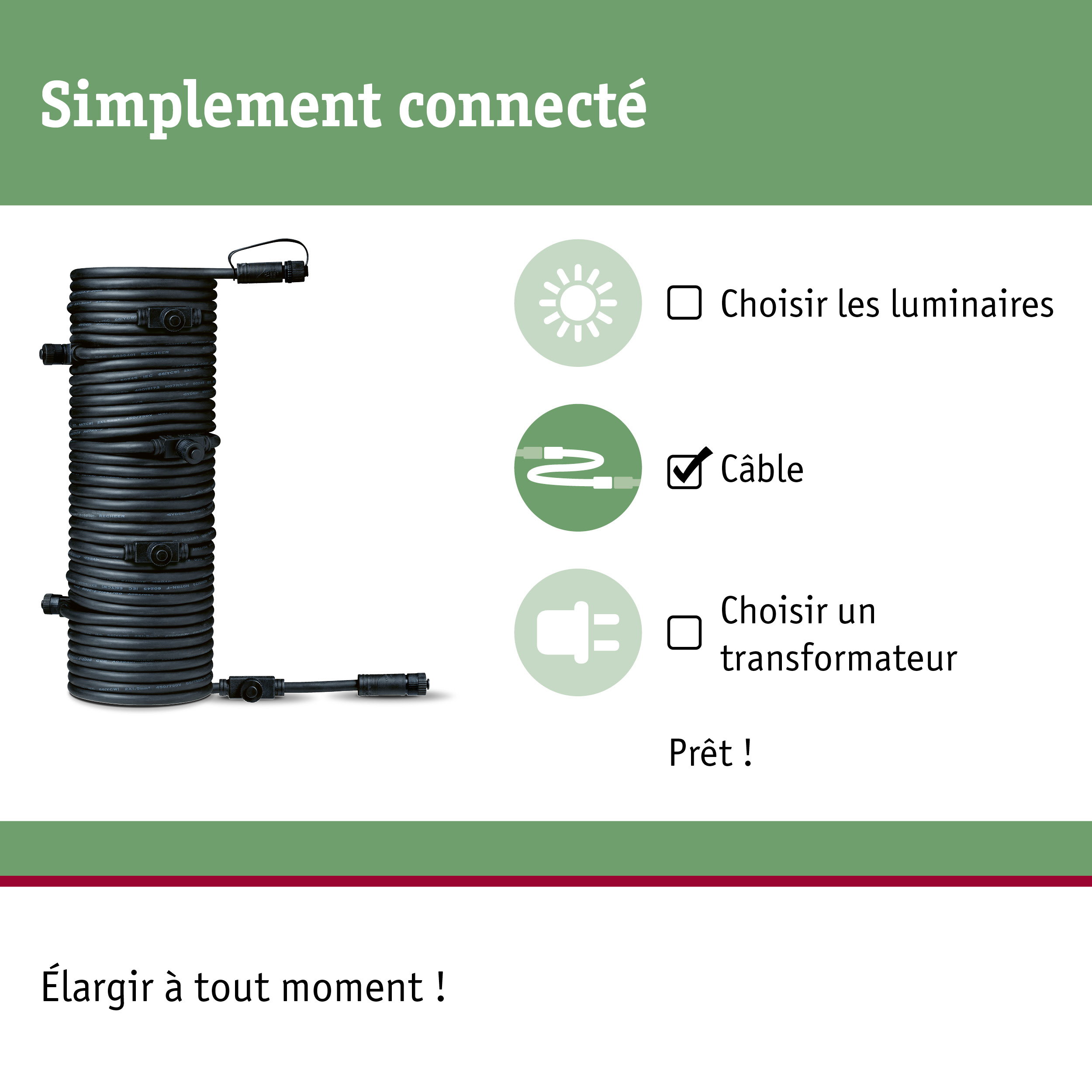 Câble d'extension noir avec connecteurs pour solutions d'éclairage flexibles et installation simple