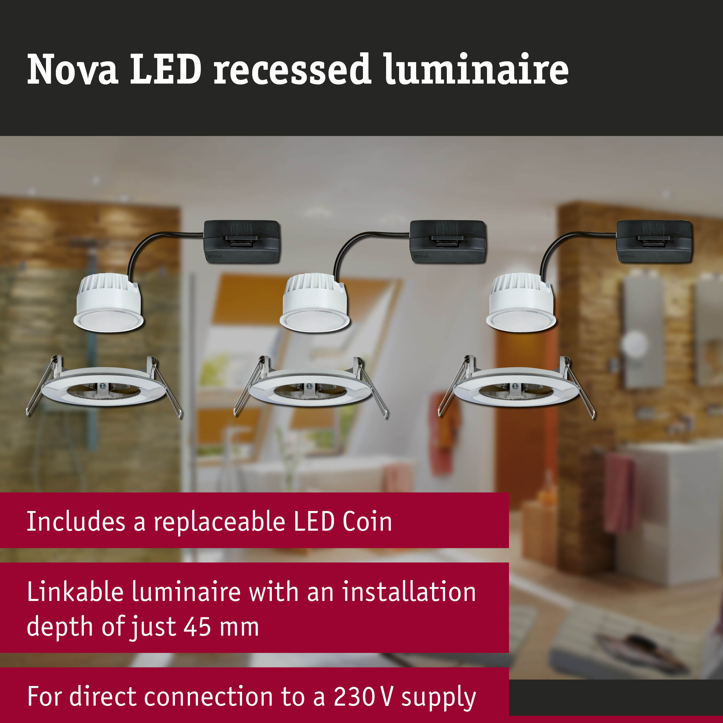 Nova white LED recessed spotlight with black cable, energy-efficient LED lighting solution