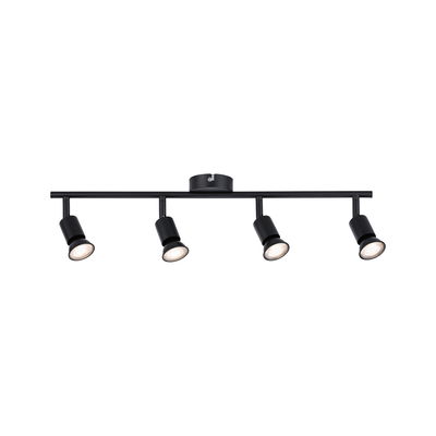 Black metal LED ceiling light with four adjustable spotlights for modern home lighting