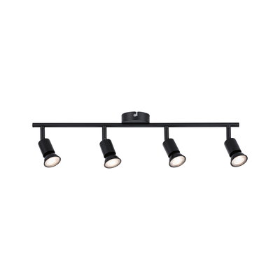 Black metal LED ceiling light with four adjustable spotlights for modern home lighting