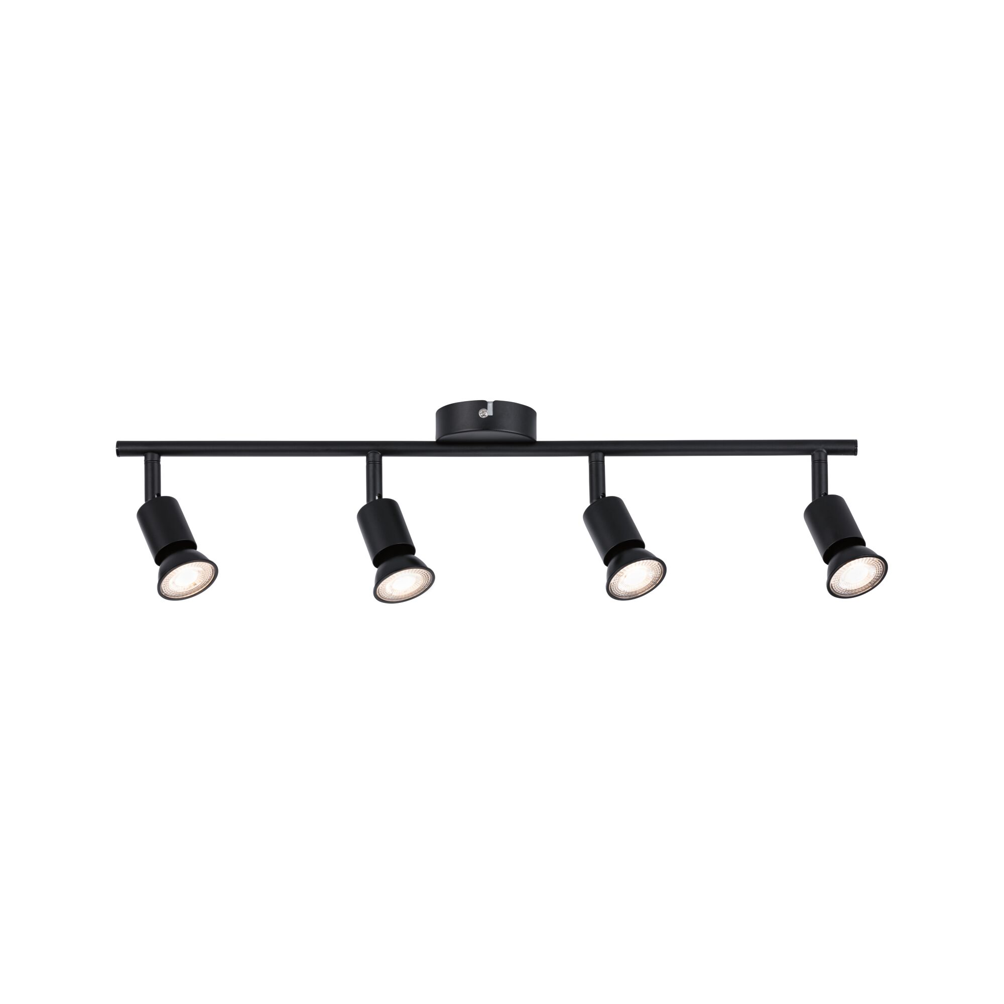 Schwarze LED-Deckenleuchte mit vier verstellbaren Spots aus Metall für moderne Raumbeleuchtung