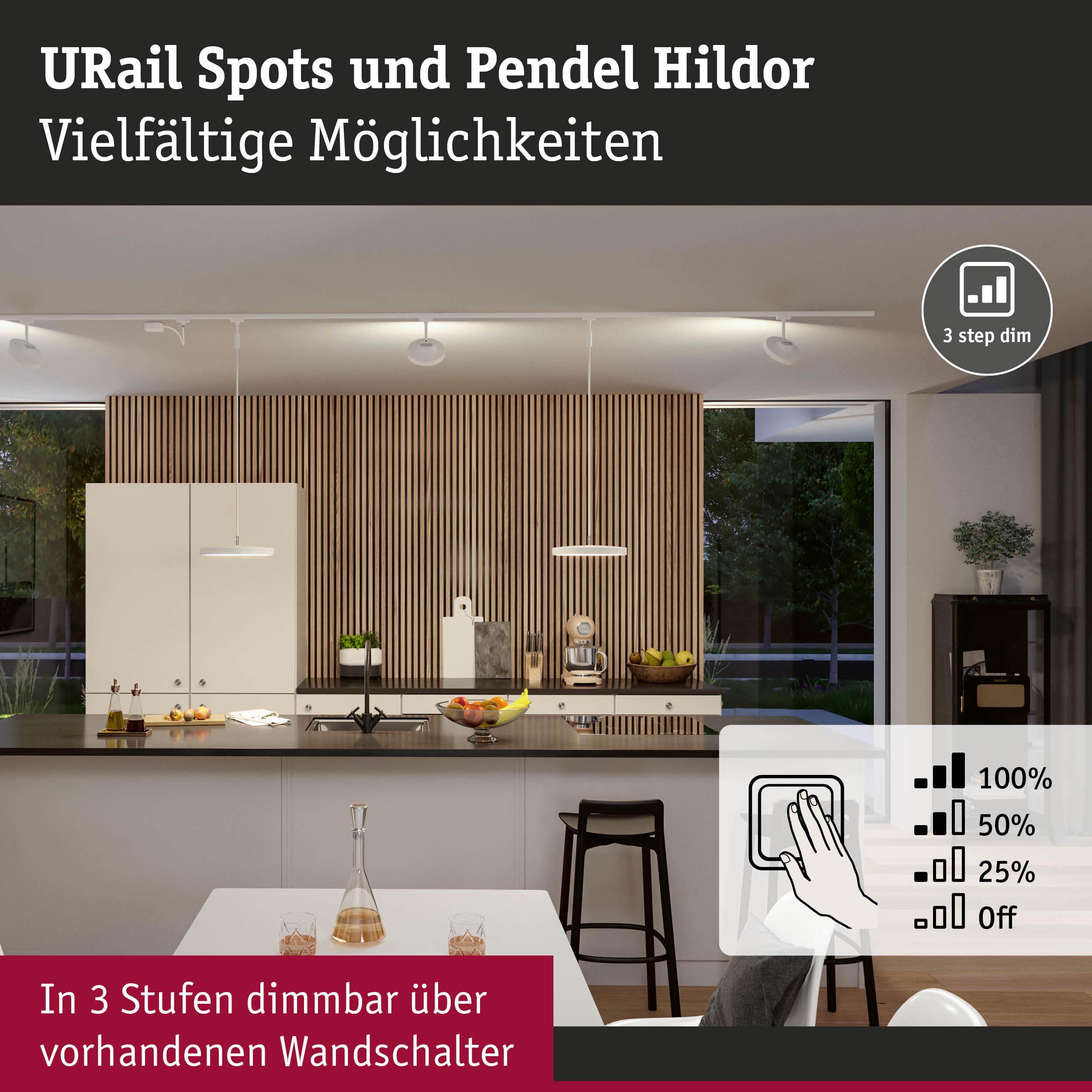 Moderne Küche mit weißen URail Spots und Pendel Hildor in Holzoptik, dimmbar in 3 Stufen über Wandschalter