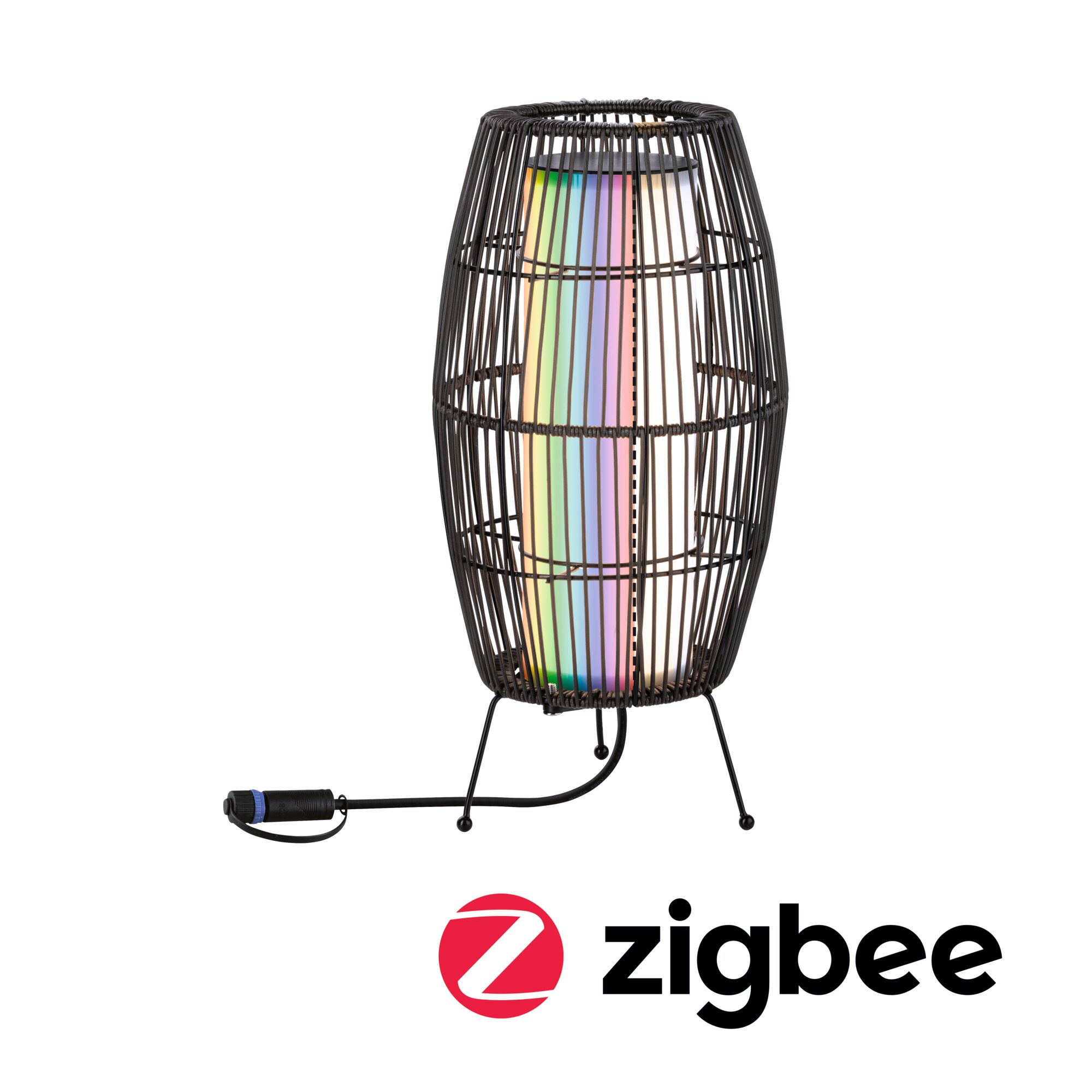 Plug & Shine LED Světelný objekt Smart Home Zigbee Basket IP44 RGBW+ 3,2W Černá Schwarze Metall-Tischlampe mit bunter LED-Innenbeleuchtung und Zigbee-Funktion für smarte Steuerung