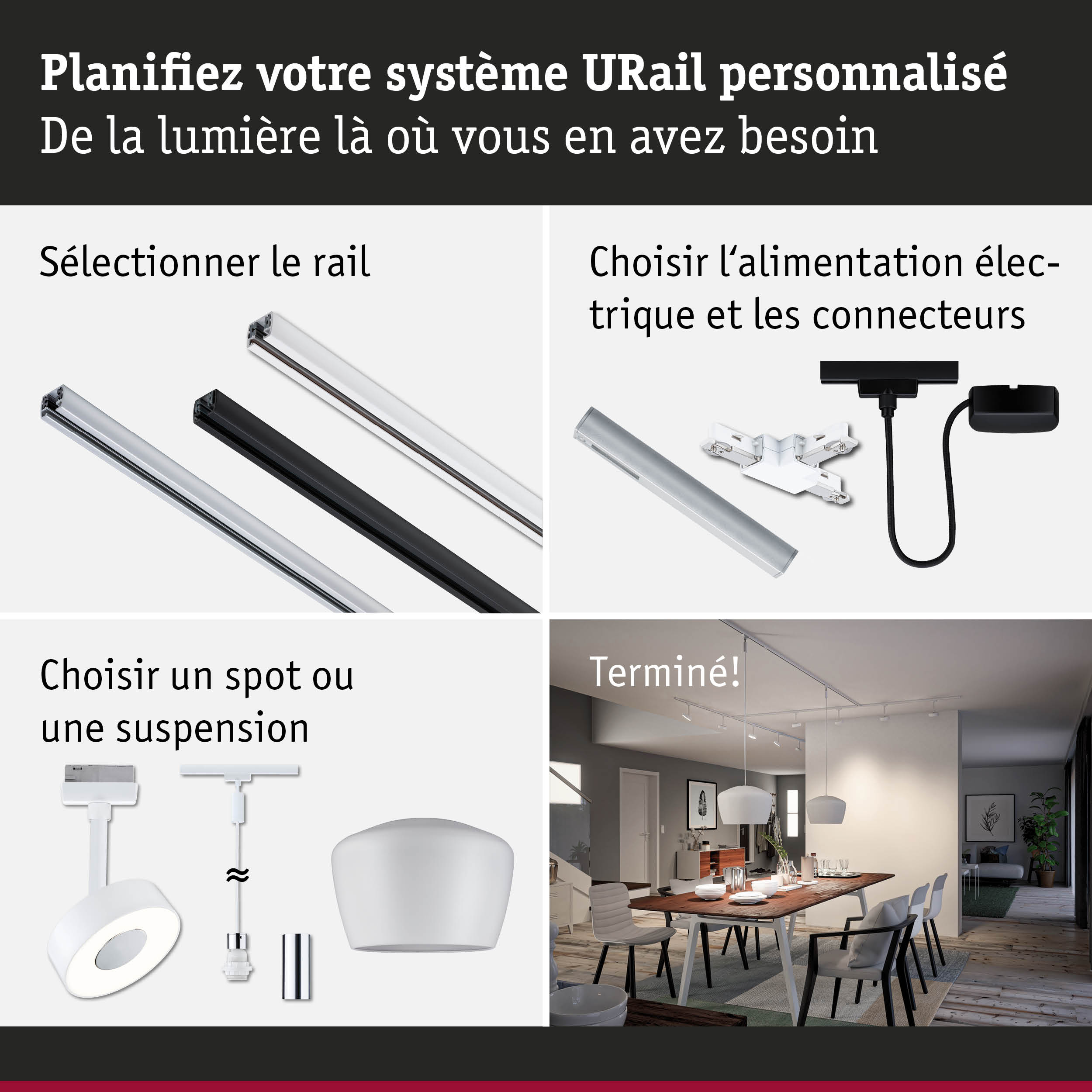 Système de rail URail modulaire avec rails, connecteurs et spots pour solutions d'éclairage personnalisées