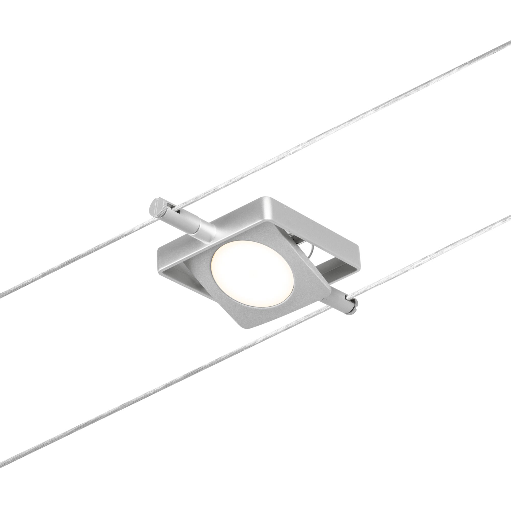 Moderner quadratischer LED-Seilstrahler in Silber mit warmweißem Licht für flexible Beleuchtung